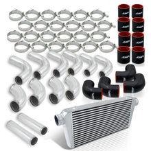 Load image into Gallery viewer, Universal 3" 12 Pieces Aluminum Piping Kit Polished (x2 Straight / x6 90 Degree Long / x4 90 Degree Short) + Silicone Couplers Black + Universal Aluminum Intercooler (Bar & Plate | Overall: 31.0" x 11.75" x 3.0" | Core: 23.0" x 11.0" x 3.0")
