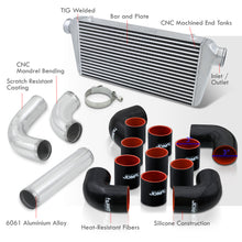 Load image into Gallery viewer, Universal 3" 12 Pieces Aluminum Piping Kit Polished (x2 Straight / x6 90 Degree Long / x4 90 Degree Short) + Silicone Couplers Black + Universal Aluminum Intercooler (Bar & Plate | Overall: 31.0" x 11.75" x 3.0" | Core: 23.0" x 11.0" x 3.0")
