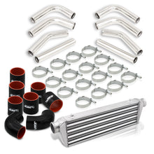 Load image into Gallery viewer, Universal 2.5" 8 Pieces Aluminum Piping Kit Polished (x2 Straight / x2 90 Degree / x2 120 Degree / x2 135 Degree) + SIlicone Couplers Black + Universal Aluminum Intercooler (Tube & Fin | Overall: 27.5" x 7.0" x 2.5" | Core: 21.5" x 7.0" x 2.25")