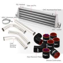 Load image into Gallery viewer, Universal 2.5" 8 Pieces Aluminum Piping Kit Polished (x2 Straight / x2 90 Degree / x2 120 Degree / x2 135 Degree) + SIlicone Couplers Black + Universal Aluminum Intercooler (Tube & Fin | Overall: 27.5" x 7.0" x 2.5" | Core: 21.5" x 7.0" x 2.25")