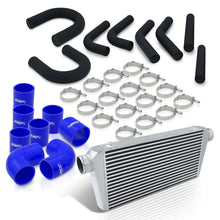 Load image into Gallery viewer, Universal 3" 8 Pieces Aluminum Piping Kit Black (x2 Straight / x2 90 Degree / x2 135 Degree / x2 U-Pipe) + Silicone Couplers Blue + Universal Aluminum Intercooler (Bar & Plate | Overall: 31.0" x 11.75" x 3.0" | Core: 23.0" x 11.0" x 3.0")