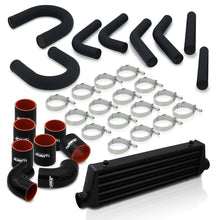 Load image into Gallery viewer, Universal 2.5&quot; 8 Pieces Aluminum Piping Kit Black (x2 Straight / x2 90 Degree / x2 135 Degree / x2 U-Pipe) + SIlicone Couplers Black + Universal Aluminum Intercooler Black (Tube &amp; Fin | Overall: 27.5&quot; x 7.0&quot; x 2.5&quot; | Core: 21.5&quot; x 7.0&quot; x 2.25&quot;)

