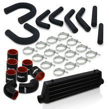 Load image into Gallery viewer, Universal 2.5" 8 Pieces Aluminum Piping Kit Black (x2 Straight / x2 90 Degree / x2 135 Degree / x2 U-Pipe) + SIlicone Couplers Black + Universal Aluminum Intercooler Black (Tube & Fin | Overall: 27.5" x 7.0" x 2.5" | Core: 21.5" x 7.0" x 2.25")