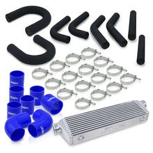 Load image into Gallery viewer, Universal 2.5&quot; 8 Pieces Aluminum Piping Kit Black (x2 Straight / x2 90 Degree / x2 135 Degree / x2 U-Pipe) + Silicone Couplers Blue + Universal Aluminum Intercooler (Bar &amp; Plate | Overall: 27.5&quot; x 7.0&quot; x 2.5&quot; | Core: 21.5&quot; x 7.0&quot; x 2.25&quot;)
