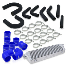 Load image into Gallery viewer, Universal 2.5" 8 Pieces Aluminum Piping Kit Black (x2 Straight / x2 90 Degree / x2 135 Degree / x2 U-Pipe) + Silicone Couplers Blue + Universal Aluminum Intercooler (Bar & Plate | Overall: 27.5" x 7.0" x 2.5" | Core: 21.5" x 7.0" x 2.25")