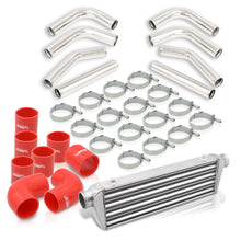 Load image into Gallery viewer, Universal 2.5" 8 Pieces Aluminum Piping Kit Polished (x2 Straight / x2 90 Degree / x2 120 Degree / x2 135 Degree) + SIlicone Couplers Red + Universal Aluminum Intercooler (Tube & Fin | Overall: 27.5" x 7.0" x 2.5" | Core: 21.5" x 7.0" x 2.25")