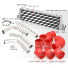 Load image into Gallery viewer, Universal 2.5" 8 Pieces Aluminum Piping Kit Polished (x2 Straight / x2 90 Degree / x2 120 Degree / x2 135 Degree) + SIlicone Couplers Red + Universal Aluminum Intercooler (Tube & Fin | Overall: 27.5" x 7.0" x 2.5" | Core: 21.5" x 7.0" x 2.25")