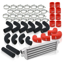 Load image into Gallery viewer, Universal 2.5&quot; 12 Pieces Aluminum Piping Kit Black (x2 Straight / x6 90 Degree Long / x4 90 Degree Short) + SIlicone Couplers Red + Universal Aluminum Intercooler (Tube &amp; Fin | Overall: 27.5&quot; x 7.0&quot; x 2.5&quot; | Core: 21.5&quot; x 7.0&quot; x 2.25&quot;)
