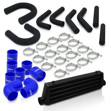 Load image into Gallery viewer, Universal 2.5&quot; 8 Pieces Aluminum Piping Kit Black (x2 Straight / x2 90 Degree / x2 135 Degree / x2 U-Pipe) + Silicone Couplers Blue + Universal Aluminum Intercooler Black (Tube &amp; Fin | Overall: 27.5&quot; x 7.0&quot; x 2.5&quot; | Core: 21.5&quot; x 7.0&quot; x 2.25&quot;)
