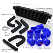 Load image into Gallery viewer, Universal 2.5" 8 Pieces Aluminum Piping Kit Black (x2 Straight / x2 90 Degree / x2 135 Degree / x2 U-Pipe) + Silicone Couplers Blue + Universal Aluminum Intercooler Black (Tube & Fin | Overall: 27.5" x 7.0" x 2.5" | Core: 21.5" x 7.0" x 2.25")