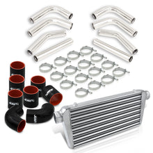 Load image into Gallery viewer, Universal 3" 8 Pieces Aluminum Piping Kit Polished (x2 Straight / x2 90 Degree / x2 120 Degree / x2 135 Degree) + Silicone Couplers Black + Universal Aluminum Intercooler (Tube & Fin | Overall: 30.75" x 11.75" x 3.0" | Core: 23.5" x 11.75" x 3.0")