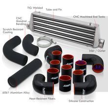 Load image into Gallery viewer, Universal 2.5&quot; 12 Pieces Aluminum Piping Kit Black (x2 Straight / x6 90 Degree Long / x4 90 Degree Short) + SIlicone Couplers Black + Universal Aluminum Intercooler (Tube &amp; Fin | Overall: 27.5&quot; x 7.0&quot; x 2.5&quot; | Core: 21.5&quot; x 7.0&quot; x 2.25&quot;)
