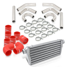 Load image into Gallery viewer, Universal 3" 8 Pieces Aluminum Piping Kit Polished (x2 Straight / x2 90 Degree / x2 135 Degree / x2 U-Pipe) + Silicone Couplers Red + Universal Aluminum Intercooler (Tube & Fin | Overall: 30.75" x 11.75" x 3.0" | Core: 23.5" x 11.75" x 3.0")