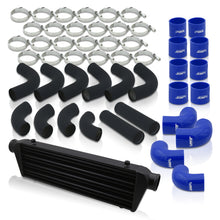 Load image into Gallery viewer, Universal 2.5&quot; 12 Pieces Aluminum Piping Kit Black (x2 Straight / x6 90 Degree Long / x4 90 Degree Short) + SIlicone Couplers Blue + Universal Aluminum Intercooler Black (Tube &amp; Fin | Overall: 27.5&quot; x 7.0&quot; x 2.5&quot; | Core: 21.5&quot; x 7.0&quot; x 2.25&quot;)
