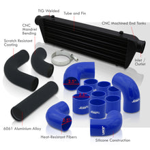 Load image into Gallery viewer, Universal 2.5" 12 Pieces Aluminum Piping Kit Black (x2 Straight / x6 90 Degree Long / x4 90 Degree Short) + SIlicone Couplers Blue + Universal Aluminum Intercooler Black (Tube & Fin | Overall: 27.5" x 7.0" x 2.5" | Core: 21.5" x 7.0" x 2.25")