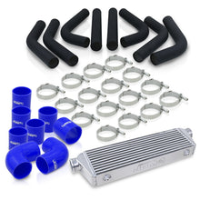 Load image into Gallery viewer, Universal 2.5" 8 Pieces Aluminum Piping Kit Black (x2 Straight / x2 90 Degree / x2 120 Degree / x2 135 Degree) + Silicone Couplers Blue + Universal Aluminum Intercooler (Bar & Plate | Overall: 27.5" x 7.0" x 2.5" | Core: 21.5" x 7.0" x 2.25")