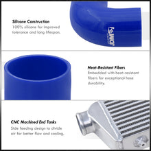 Load image into Gallery viewer, Universal 2.5" 8 Pieces Aluminum Piping Kit Black (x2 Straight / x2 90 Degree / x2 120 Degree / x2 135 Degree) + Silicone Couplers Blue + Universal Aluminum Intercooler (Bar & Plate | Overall: 27.5" x 7.0" x 2.5" | Core: 21.5" x 7.0" x 2.25")
