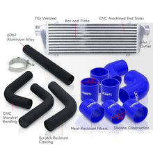 Load image into Gallery viewer, Universal 2.5" 8 Pieces Aluminum Piping Kit Black (x2 Straight / x2 90 Degree / x2 120 Degree / x2 135 Degree) + Silicone Couplers Blue + Universal Aluminum Intercooler (Bar & Plate | Overall: 27.5" x 7.0" x 2.5" | Core: 21.5" x 7.0" x 2.25")