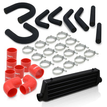 Load image into Gallery viewer, Universal 2.5&quot; 8 Pieces Aluminum Piping Kit Black (x2 Straight / x2 90 Degree / x2 135 Degree / x2 U-Pipe) + Silicone Couplers Red + Universal Aluminum Intercooler Black (Tube &amp; Fin | Overall: 27.5&quot; x 7.0&quot; x 2.5&quot; | Core: 21.5&quot; x 7.0&quot; x 2.25&quot;)
