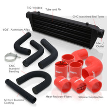 Load image into Gallery viewer, Universal 2.5&quot; 8 Pieces Aluminum Piping Kit Black (x2 Straight / x2 90 Degree / x2 135 Degree / x2 U-Pipe) + Silicone Couplers Red + Universal Aluminum Intercooler Black (Tube &amp; Fin | Overall: 27.5&quot; x 7.0&quot; x 2.5&quot; | Core: 21.5&quot; x 7.0&quot; x 2.25&quot;)

