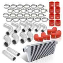 Load image into Gallery viewer, Universal 3" 12 Pieces Aluminum Piping Kit Polished (x2 Straight / x6 90 Degree Long / x4 90 Degree Short) + Silicone Couplers Red + Universal Aluminum Intercooler (Bar & Plate | Overall: 31.0" x 11.75" x 3.0" | Core: 23.0" x 11.0" x 3.0")
