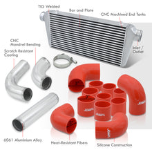 Load image into Gallery viewer, Universal 3" 12 Pieces Aluminum Piping Kit Polished (x2 Straight / x6 90 Degree Long / x4 90 Degree Short) + Silicone Couplers Red + Universal Aluminum Intercooler (Bar & Plate | Overall: 31.0" x 11.75" x 3.0" | Core: 23.0" x 11.0" x 3.0")