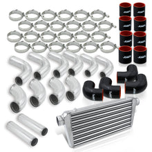 Load image into Gallery viewer, Universal 3" 12 Pieces Aluminum Piping Kit Polished (x2 Straight / x6 90 Degree Long / x4 90 Degree Short) + Silicone Couplers Black + Universal Aluminum Intercooler (Tube & Fin | Overall: 30.75" x 11.75" x 3.0" | Core: 23.5" x 11.75" x 3.0")