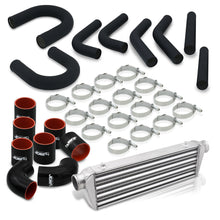 Load image into Gallery viewer, Universal 2.5&quot; 8 Pieces Aluminum Piping Kit Black (x2 Straight / x2 90 Degree / x2 135 Degree / x2 U-Pipe) + SIlicone Couplers Black + Universal Aluminum Intercooler (Tube &amp; Fin | Overall: 27.5&quot; x 7.0&quot; x 2.5&quot; | Core: 21.5&quot; x 7.0&quot; x 2.25&quot;)
