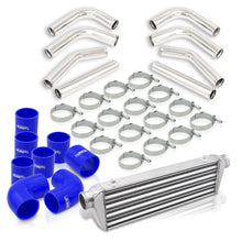 Load image into Gallery viewer, Universal 2.5" 8 Pieces Aluminum Piping Kit Polished (x2 Straight / x2 90 Degree / x2 120 Degree / x2 135 Degree) + SIlicone Couplers Blue + Universal Aluminum Intercooler (Tube & Fin | Overall: 27.5" x 7.0" x 2.5" | Core: 21.5" x 7.0" x 2.25")