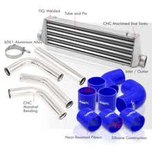 Load image into Gallery viewer, Universal 2.5" 8 Pieces Aluminum Piping Kit Polished (x2 Straight / x2 90 Degree / x2 120 Degree / x2 135 Degree) + SIlicone Couplers Blue + Universal Aluminum Intercooler (Tube & Fin | Overall: 27.5" x 7.0" x 2.5" | Core: 21.5" x 7.0" x 2.25")