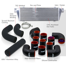 Load image into Gallery viewer, Universal 2.5&quot; 12 Pieces Aluminum Piping Kit Black (x2 Straight / x6 90 Degree Long / x4 90 Degree Short) + Silicone Couplers Black + Universal Aluminum Intercooler (Bar &amp; Plate | Overall: 27.5&quot; x 7.0&quot; x 2.5&quot; | Core: 21.5&quot; x 7.0&quot; x 2.25&quot;)
