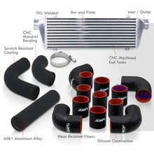 Load image into Gallery viewer, Universal 2.5" 12 Pieces Aluminum Piping Kit Black (x2 Straight / x6 90 Degree Long / x4 90 Degree Short) + Silicone Couplers Black + Universal Aluminum Intercooler (Bar & Plate | Overall: 27.5" x 7.0" x 2.5" | Core: 21.5" x 7.0" x 2.25")