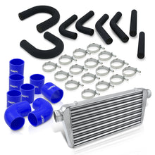 Load image into Gallery viewer, Universal 3" 8 Pieces Aluminum Piping Kit Black (x2 Straight / x2 90 Degree / x2 135 Degree / x2 U-Pipe) + Silicone Couplers Blue + Universal Aluminum Intercooler (Tube & Fin | Overall: 30.75" x 11.75" x 3.0" | Core: 23.5" x 11.75" x 3.0")