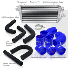 Load image into Gallery viewer, Universal 3" 8 Pieces Aluminum Piping Kit Black (x2 Straight / x2 90 Degree / x2 135 Degree / x2 U-Pipe) + Silicone Couplers Blue + Universal Aluminum Intercooler (Tube & Fin | Overall: 30.75" x 11.75" x 3.0" | Core: 23.5" x 11.75" x 3.0")