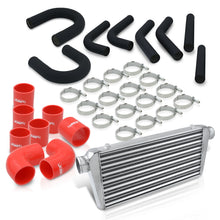 Load image into Gallery viewer, Universal 3" 8 Pieces Aluminum Piping Kit Black (x2 Straight / x2 90 Degree / x2 135 Degree / x2 U-Pipe) + Silicone Couplers Red + Universal Aluminum Intercooler (Tube & Fin | Overall: 30.75" x 11.75" x 3.0" | Core: 23.5" x 11.75" x 3.0")