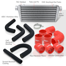 Load image into Gallery viewer, Universal 3" 8 Pieces Aluminum Piping Kit Black (x2 Straight / x2 90 Degree / x2 135 Degree / x2 U-Pipe) + Silicone Couplers Red + Universal Aluminum Intercooler (Tube & Fin | Overall: 30.75" x 11.75" x 3.0" | Core: 23.5" x 11.75" x 3.0")