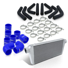 Load image into Gallery viewer, Universal 3" 8 Pieces Aluminum Piping Kit Black (x2 Straight / x2 90 Degree / x2 120 Degree / x2 135 Degree) + Silicone Couplers Blue + Universal Aluminum Intercooler (Bar & Plate | Overall: 31.0" x 11.75" x 3.0" | Core: 23.0" x 11.0" x 3.0")