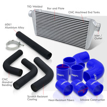 Load image into Gallery viewer, Universal 3" 8 Pieces Aluminum Piping Kit Black (x2 Straight / x2 90 Degree / x2 120 Degree / x2 135 Degree) + Silicone Couplers Blue + Universal Aluminum Intercooler (Bar & Plate | Overall: 31.0" x 11.75" x 3.0" | Core: 23.0" x 11.0" x 3.0")