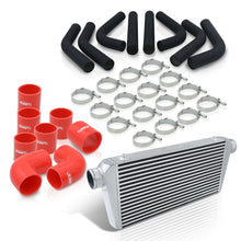 Load image into Gallery viewer, Universal 3" 8 Pieces Aluminum Piping Kit Black (x2 Straight / x2 90 Degree / x2 120 Degree / x2 135 Degree) + Silicone Couplers Red + Universal Aluminum Intercooler (Bar & Plate | Overall: 31.0" x 11.75" x 3.0" | Core: 23.0" x 11.0" x 3.0")