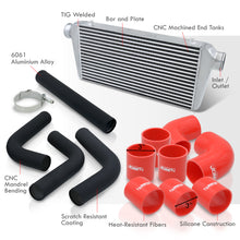 Load image into Gallery viewer, Universal 3" 8 Pieces Aluminum Piping Kit Black (x2 Straight / x2 90 Degree / x2 120 Degree / x2 135 Degree) + Silicone Couplers Red + Universal Aluminum Intercooler (Bar & Plate | Overall: 31.0" x 11.75" x 3.0" | Core: 23.0" x 11.0" x 3.0")