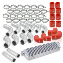 Load image into Gallery viewer, Universal 2.5" 12 Pieces Aluminum Piping Kit Polished (x2 Straight / x6 90 Degree Long / x4 90 Degree Short) + Silicone Couplers Red + Universal Aluminum Intercooler (Bar & Plate | Overall: 27.5" x 7.0" x 2.5" | Core: 21.5" x 7.0" x 2.25")
