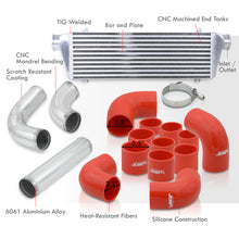 Load image into Gallery viewer, Universal 2.5" 12 Pieces Aluminum Piping Kit Polished (x2 Straight / x6 90 Degree Long / x4 90 Degree Short) + Silicone Couplers Red + Universal Aluminum Intercooler (Bar & Plate | Overall: 27.5" x 7.0" x 2.5" | Core: 21.5" x 7.0" x 2.25")