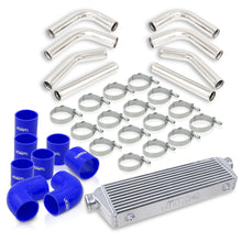 Load image into Gallery viewer, Universal 2.5" 8 Pieces Aluminum Piping Kit Polished (x2 Straight / x2 90 Degree / x2 120 Degree / x2 135 Degree) + Silicone Couplers Blue + Universal Aluminum Intercooler (Bar & Plate | Overall: 27.5" x 7.0" x 2.5" | Core: 21.5" x 7.0" x 2.25")