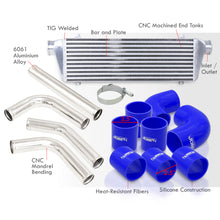 Load image into Gallery viewer, Universal 2.5" 8 Pieces Aluminum Piping Kit Polished (x2 Straight / x2 90 Degree / x2 120 Degree / x2 135 Degree) + Silicone Couplers Blue + Universal Aluminum Intercooler (Bar & Plate | Overall: 27.5" x 7.0" x 2.5" | Core: 21.5" x 7.0" x 2.25")
