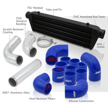 Load image into Gallery viewer, Universal 2.5" 12 Pieces Aluminum Piping Kit Polished (x2 Straight / x6 90 Degree Long / x4 90 Degree Short) + SIlicone Couplers Blue + Universal Aluminum Intercooler Black (Tube & Fin | Overall: 27.5" x 7.0" x 2.5" | Core: 21.5" x 7.0" x 2.25")