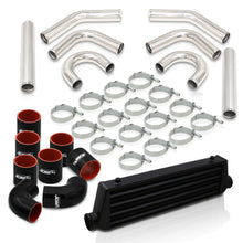 Load image into Gallery viewer, Universal 2.5" 8 Pieces Aluminum Piping Kit Polished (x2 Straight / x2 90 Degree / x2 135 Degree / x2 U-Pipe) + Silicone Couplers Black + Universal Aluminum Intercooler Black (Tube & Fin | Overall: 27.5" x 7.0" x 2.5" | Core: 21.5" x 7.0" x 2.25")