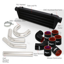 Load image into Gallery viewer, Universal 2.5" 8 Pieces Aluminum Piping Kit Polished (x2 Straight / x2 90 Degree / x2 135 Degree / x2 U-Pipe) + Silicone Couplers Black + Universal Aluminum Intercooler Black (Tube & Fin | Overall: 27.5" x 7.0" x 2.5" | Core: 21.5" x 7.0" x 2.25")