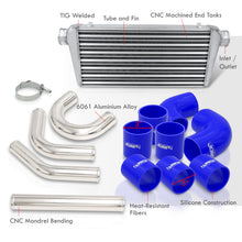 Load image into Gallery viewer, Universal 3" 8 Pieces Aluminum Piping Kit Polished (x2 Straight / x2 90 Degree / x2 135 Degree / x2 U-Pipe) + Silicone Couplers Blue + Universal Aluminum Intercooler (Tube & Fin | Overall: 30.75" x 11.75" x 3.0" | Core: 23.5" x 11.75" x 3.0")