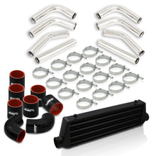 Load image into Gallery viewer, Universal 2.5" 8 Pieces Aluminum Piping Kit Polished (x2 Straight / x2 90 Degree / x2 120 Degree / x2 135 Degree) + Silicone Couplers Black + Universal Aluminum Intercooler Black (Tube & Fin | Overall: 27.5" x 7.0" x 2.5" | Core: 21.5" x 7.0" x 2.25")