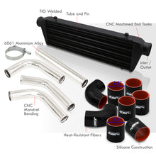 Load image into Gallery viewer, Universal 2.5" 8 Pieces Aluminum Piping Kit Polished (x2 Straight / x2 90 Degree / x2 120 Degree / x2 135 Degree) + Silicone Couplers Black + Universal Aluminum Intercooler Black (Tube & Fin | Overall: 27.5" x 7.0" x 2.5" | Core: 21.5" x 7.0" x 2.25")